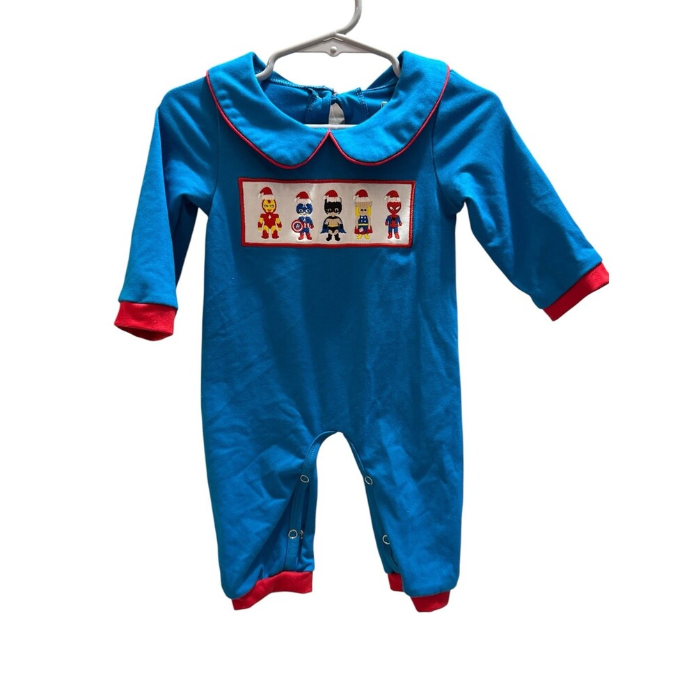 Smocked Chic blue and red Christmas Superhero boys long-all romper size 0-3